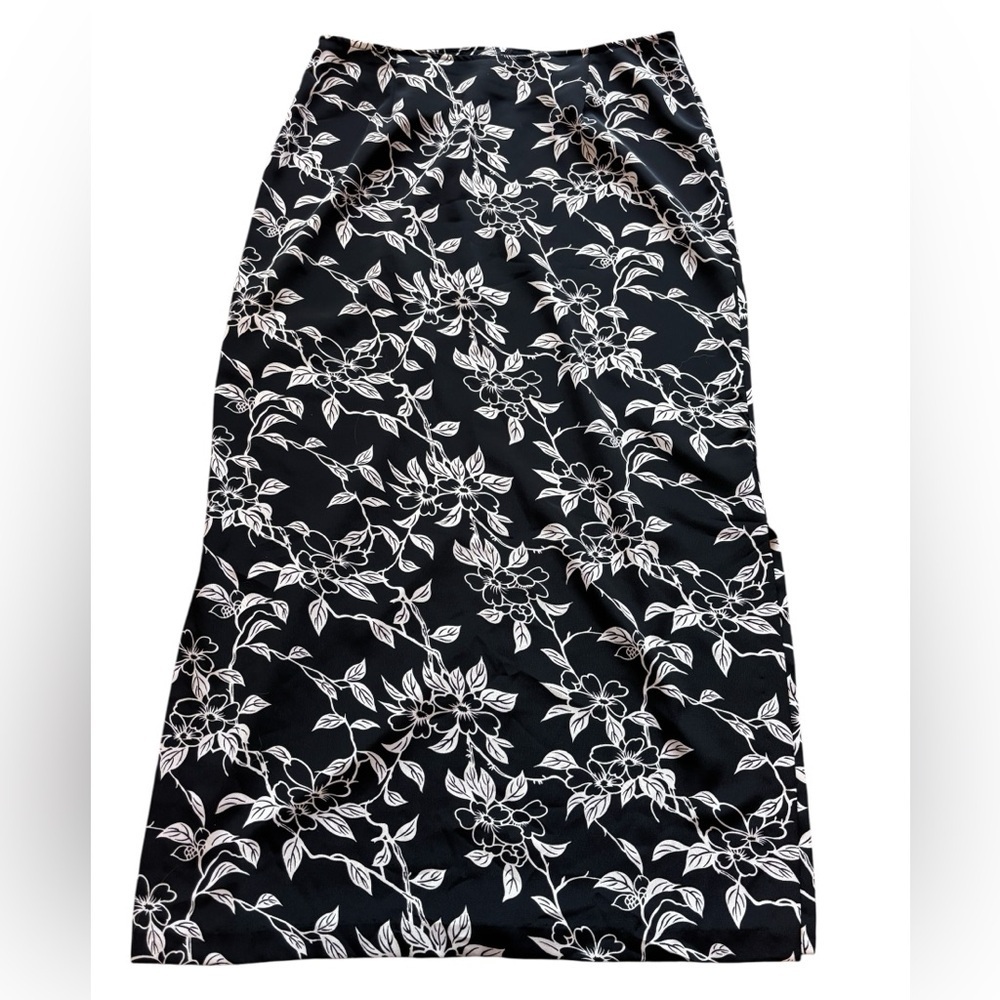 Reitmans Black White Floral Midi Skirt Satin Straight Size 13 - Picture 2 of 5